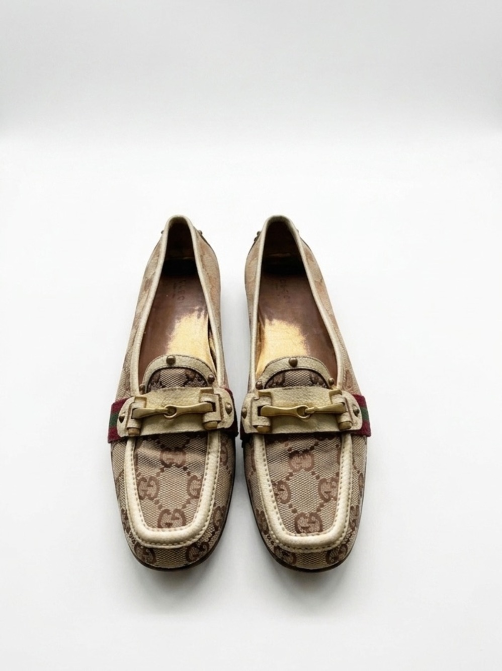 Gucci Beige Monogram Canvas Loafers with Gold-Tone Horsebit